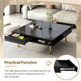 English Elm Exquisite High Gloss Coffee Table With 4 Golden Legs and 2 Small Drawers, 2-Tier Square Center Table For Living Room, Black