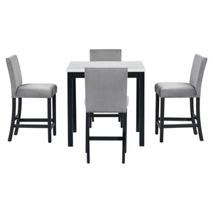 English Elm 5-piece Counter Height Dining Set with Faux Marble Square Table and Velvet Upholstered Chairs, Modern Grey W504S00139