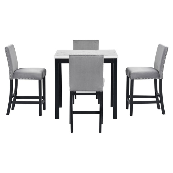 English Elm 5-piece Counter Height Dining Set with Faux Marble Square Table and Velvet Upholstered Chairs, Modern Grey W504S00139