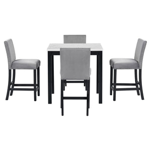 English Elm 5-piece Counter Height Dining Set Faux Marble Table Velvet Chairs Silver Nail Trim Grey W504S00266