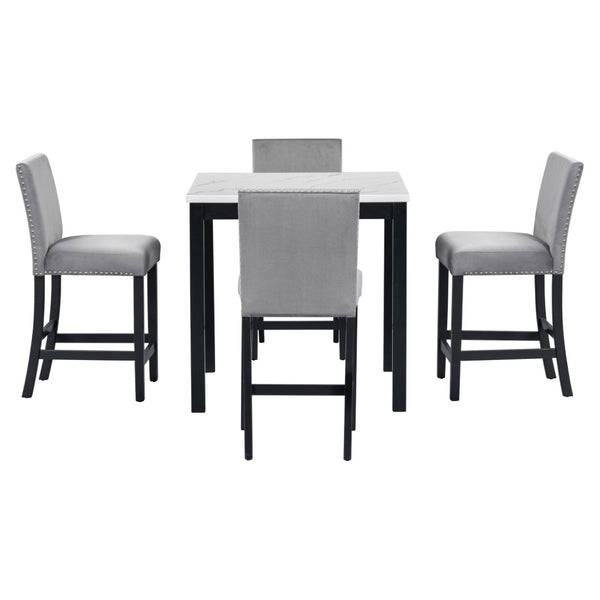 English Elm 5-piece Counter Height Dining Set Faux Marble Table Velvet Chairs Silver Nail Trim Grey W504S00266