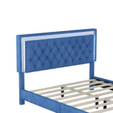 English Elm Queen Size Upholstered Bed Frame With Led Lights,Modern Velvet Platform Bed With Tufted Headboard,Blue