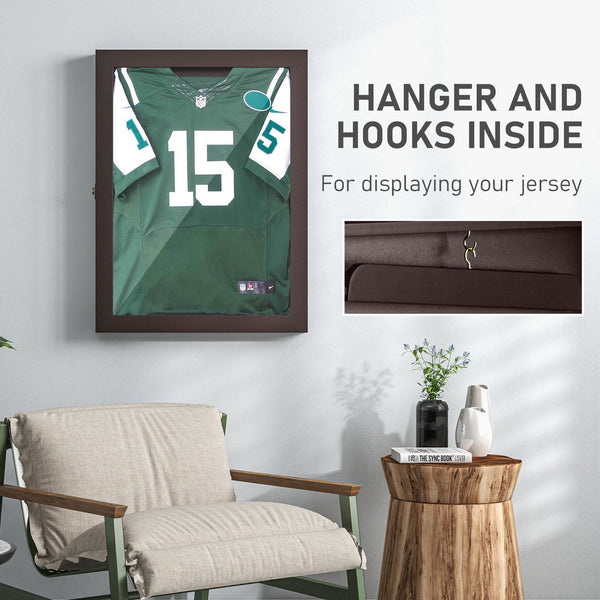 English Elm 28" Sports Jersey Display Case Frame with UV Acrylic, Lockable Latch, Brass Hooks & Hanger - Brown W2225P155203