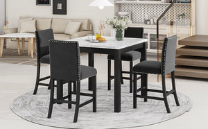 English Elm 5-piece Counter Height Dining Set with Faux Marble Square Table and Velvet Upholstered Chairs, Modern Black W504S00140