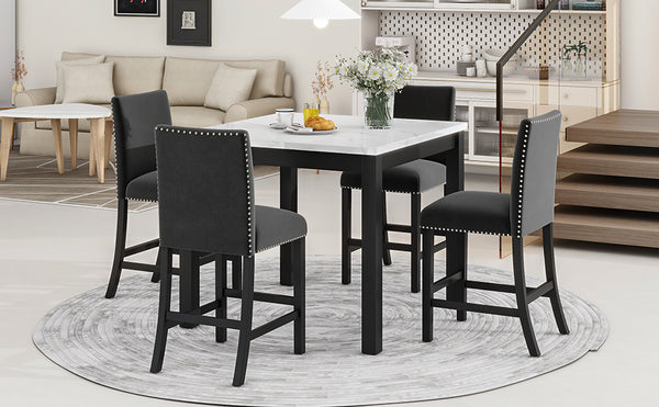 English Elm 5-piece Counter Height Dining Set with Faux Marble Square Table and Velvet Upholstered Chairs, Modern Black W504S00140