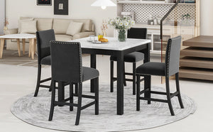 English Elm 5-piece Counter Height Dining Set Faux Marble Table Velvet Chairs Silver Nail Trim Black W504S00267
