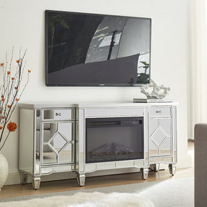 English Elm W 57 Inch Glossy Silver Electric Fireplace Tv Console with Mirrored Surround and Led Flame W1005S00006