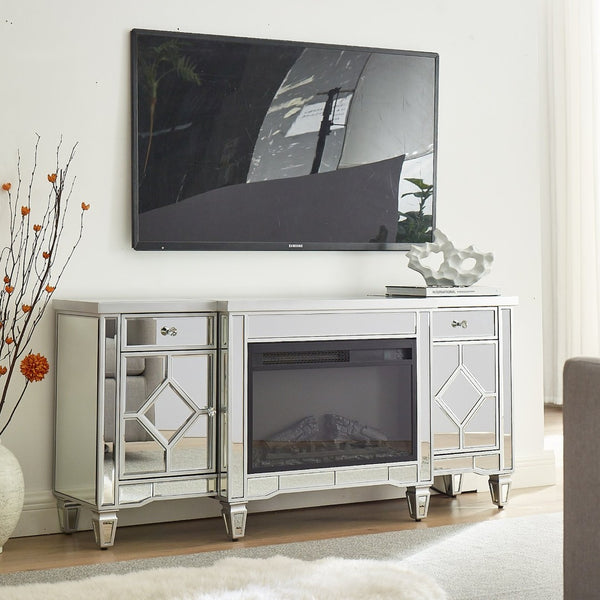 English Elm W 57 Inch Glossy Silver Electric Fireplace Tv Console with Mirrored Surround and Led Flame W1005S00006