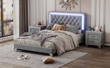 English Elm Full Size Upholstered Bed Frame With Led Lights,Modern Velvet Platform Bed With Tufted Headboard,Gray