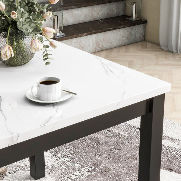 English Elm 5-piece Counter Height Dining Set with Faux Marble Square Table and Velvet Upholstered Chairs, Modern Black W504S00140