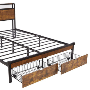 English Elm Full Size Storage Bed with Led Lighting Usb Charging Wooden Headboard No Box Spring W311S00045