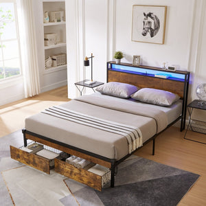 English Elm Full Size Storage Bed with Led Lighting Usb Charging Wooden Headboard No Box Spring W311S00045