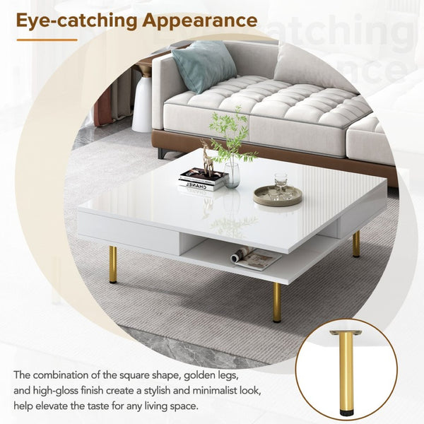 English Elm On-trend Gloss White Square Coffee Table Gold Legs Hidden Drawers Open Shelf Living Room WF315490AAK