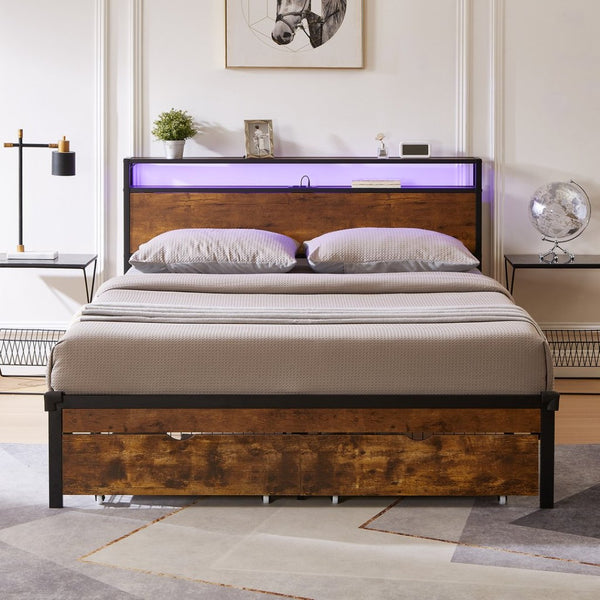 English Elm Full Size Storage Bed with Led Lighting Usb Charging Wooden Headboard No Box Spring W311S00045