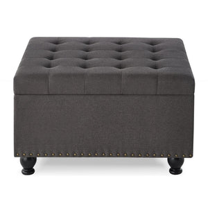 English Elm Large Tufted Faux Leather Storage Ottoman with Brass Nail Trim and Spindle Legs Dark Gray W2186142957