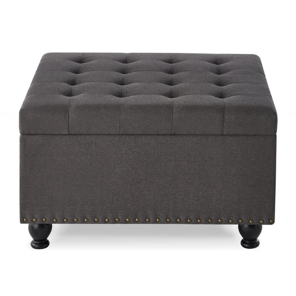 English Elm Large Tufted Faux Leather Storage Ottoman with Brass Nail Trim and Spindle Legs Dark Gray W2186142957