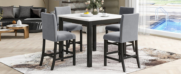 English Elm 5-piece Counter Height Dining Set Faux Marble Table Velvet Chairs Silver Nail Trim Grey W504S00266