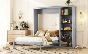 English Elm Queen Murphy Wall Bed with Side Shelving Folds Flush Into Mdf Cabinet for Studio Rooms LP000697AAE-1