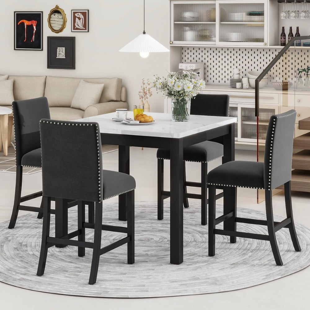 English Elm 5-piece Counter Height Dining Set Faux Marble Table Velvet Chairs Silver Nail Trim Black W504S00267
