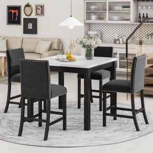 English Elm 5-piece Counter Height Dining Set Faux Marble Table Velvet Chairs Silver Nail Trim Black W504S00267