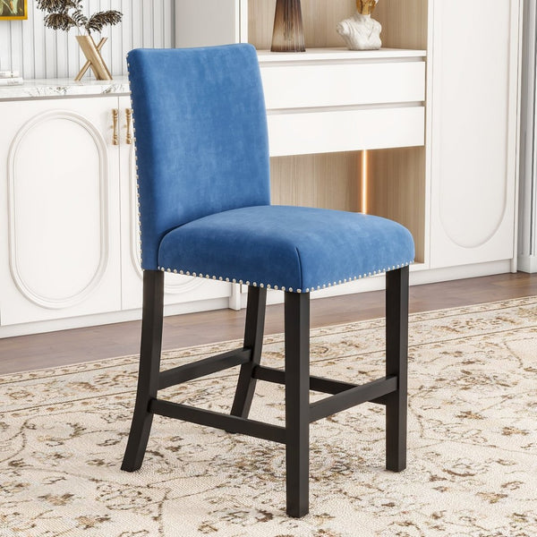 English Elm 5-piece Counter Height Dining Set Faux Marble Table Velvet Chairs Silver Nail Trim Blue W504S00268