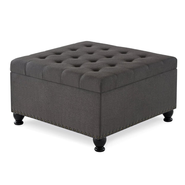 English Elm Large Tufted Faux Leather Storage Ottoman with Brass Nail Trim and Spindle Legs Dark Gray W2186142957