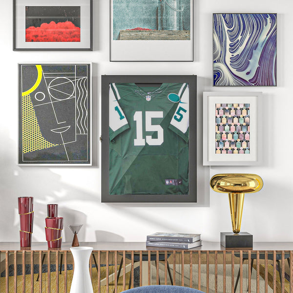 English Elm 28" Sports Jersey Display Case Frame with UV Acrylic, Lockable Latch, Brass Hooks & Hanger - Brown W2225P155203