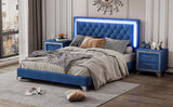 English Elm 3-Pieces Bedroom Sets,Queen Size Upholstered Platform Bed With Led Lights and Two Nightstands-Blue