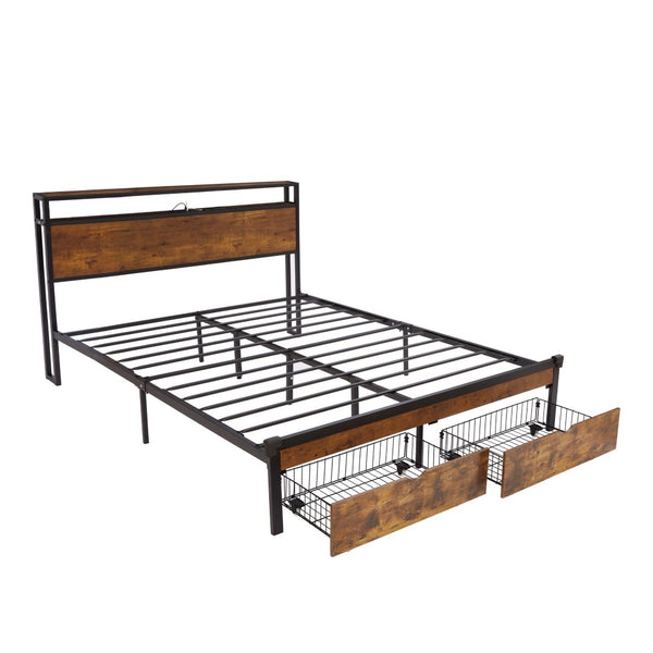 English Elm Full Size Storage Bed with Led Lighting Usb Charging Wooden Headboard No Box Spring W311S00045