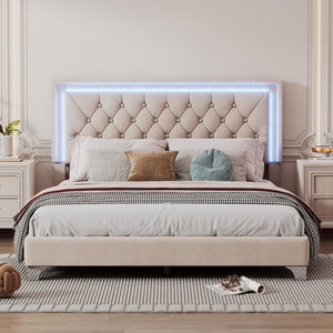 English Elm Queen Size Upholstered Bed Frame With Led Lights,Modern Velvet Platform Bed With Tufted Headboard,Beige