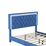 English Elm Full Size Upholstered Bed Frame With Led Lights,Modern Velvet Platform Bed With Tufted Headboard,Blue