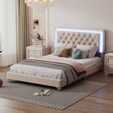 Full Size Upholstered Bed Frame with Led Lights, Modern Velvet Platform Bed with Tufted Headboard, Beige