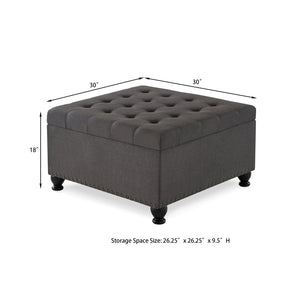 English Elm Large Tufted Faux Leather Storage Ottoman with Brass Nail Trim and Spindle Legs Dark Gray W2186142957