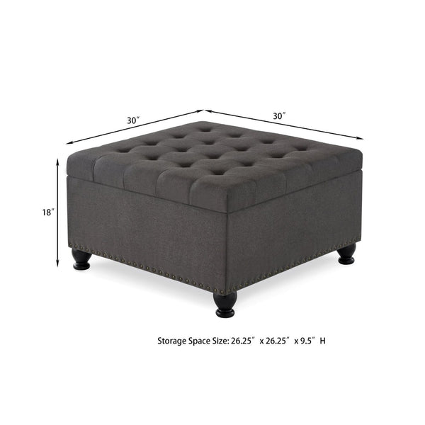 English Elm Large Tufted Faux Leather Storage Ottoman with Brass Nail Trim and Spindle Legs Dark Gray W2186142957