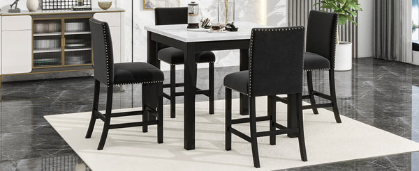 English Elm 5-piece Counter Height Dining Set Faux Marble Table Velvet Chairs Silver Nail Trim Black W504S00267