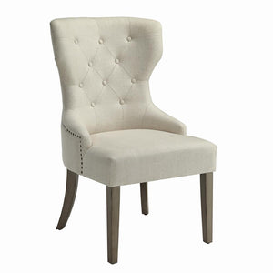 English Elm Beige Upholstered Wingback Tufted Dining Chair with Rustic Smoke Finish — Chic, Supportive Design B062P153710