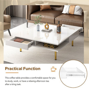 English Elm On-trend Gloss White Square Coffee Table Gold Legs Hidden Drawers Open Shelf Living Room WF315490AAK