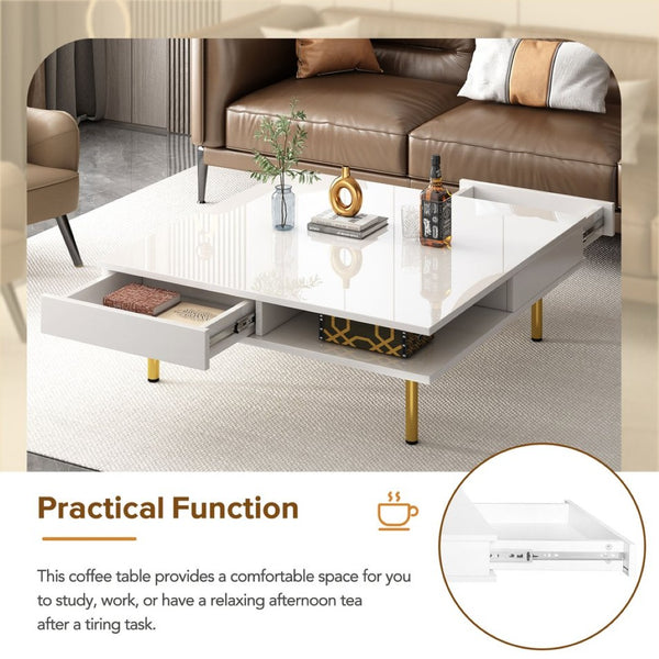 English Elm On-trend Gloss White Square Coffee Table Gold Legs Hidden Drawers Open Shelf Living Room WF315490AAK