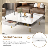 English Elm Exquisite High Gloss Coffee Table With 4 Golden Legs and 2 Small Drawers, 2-Tier Square Center Table For Living Room, White