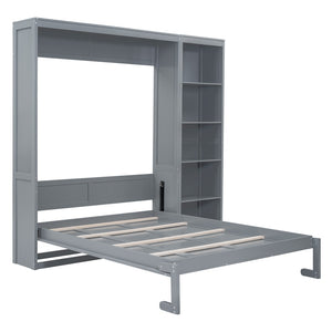 English Elm Queen Murphy Wall Bed with Side Shelving Folds Flush Into Mdf Cabinet for Studio Rooms LP000697AAE-1