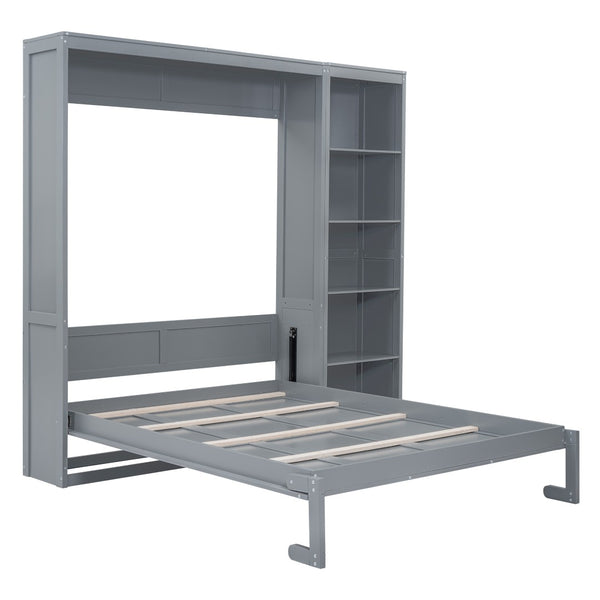 English Elm Queen Murphy Wall Bed with Side Shelving Folds Flush Into Mdf Cabinet for Studio Rooms LP000697AAE-1