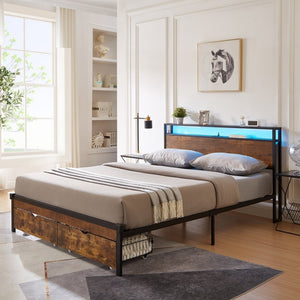 English Elm Full Size Storage Bed with Led Lighting Usb Charging Wooden Headboard No Box Spring W311S00045