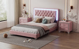 English Elm Full Size Upholstered Bed Frame With Led Lights,Modern Velvet Platform Bed With Tufted Headboard,Pink