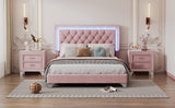 English Elm Full Size Upholstered Bed Frame With Led Lights,Modern Velvet Platform Bed With Tufted Headboard,Pink