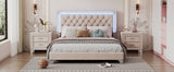 English Elm Queen Size Upholstered Bed Frame With Led Lights,Modern Velvet Platform Bed With Tufted Headboard,Beige