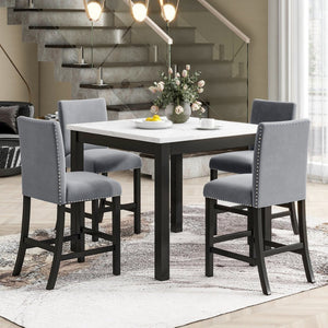 English Elm 5-piece Counter Height Dining Set Faux Marble Table Velvet Chairs Silver Nail Trim Grey W504S00266