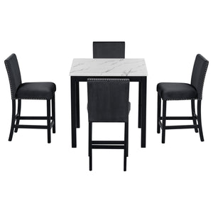 English Elm 5-piece Counter Height Dining Set with Faux Marble Square Table and Velvet Upholstered Chairs, Modern Black W504S00140