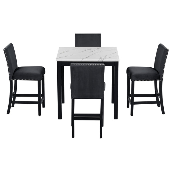 English Elm 5-piece Counter Height Dining Set with Faux Marble Square Table and Velvet Upholstered Chairs, Modern Black W504S00140