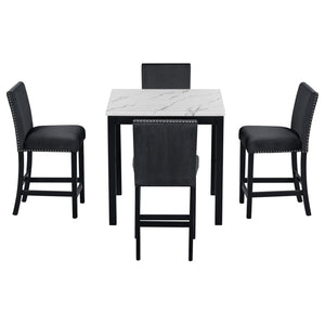 English Elm 5-piece Counter Height Dining Set Faux Marble Table Velvet Chairs Silver Nail Trim Black W504S00267