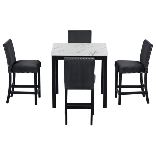 English Elm 5-piece Counter Height Dining Set Faux Marble Table Velvet Chairs Silver Nail Trim Black W504S00267